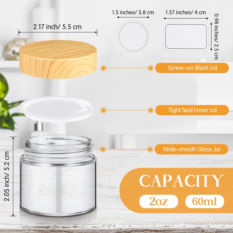 Layhit 24 Pcs Glass Jars with Lids Clear Small Jars with Woodgrain Lids  White Labels and Inner Liners Empty Round Cosmetic Containers for Creams Lotions Powder Ointments Candle Making(2 oz) - Image 2